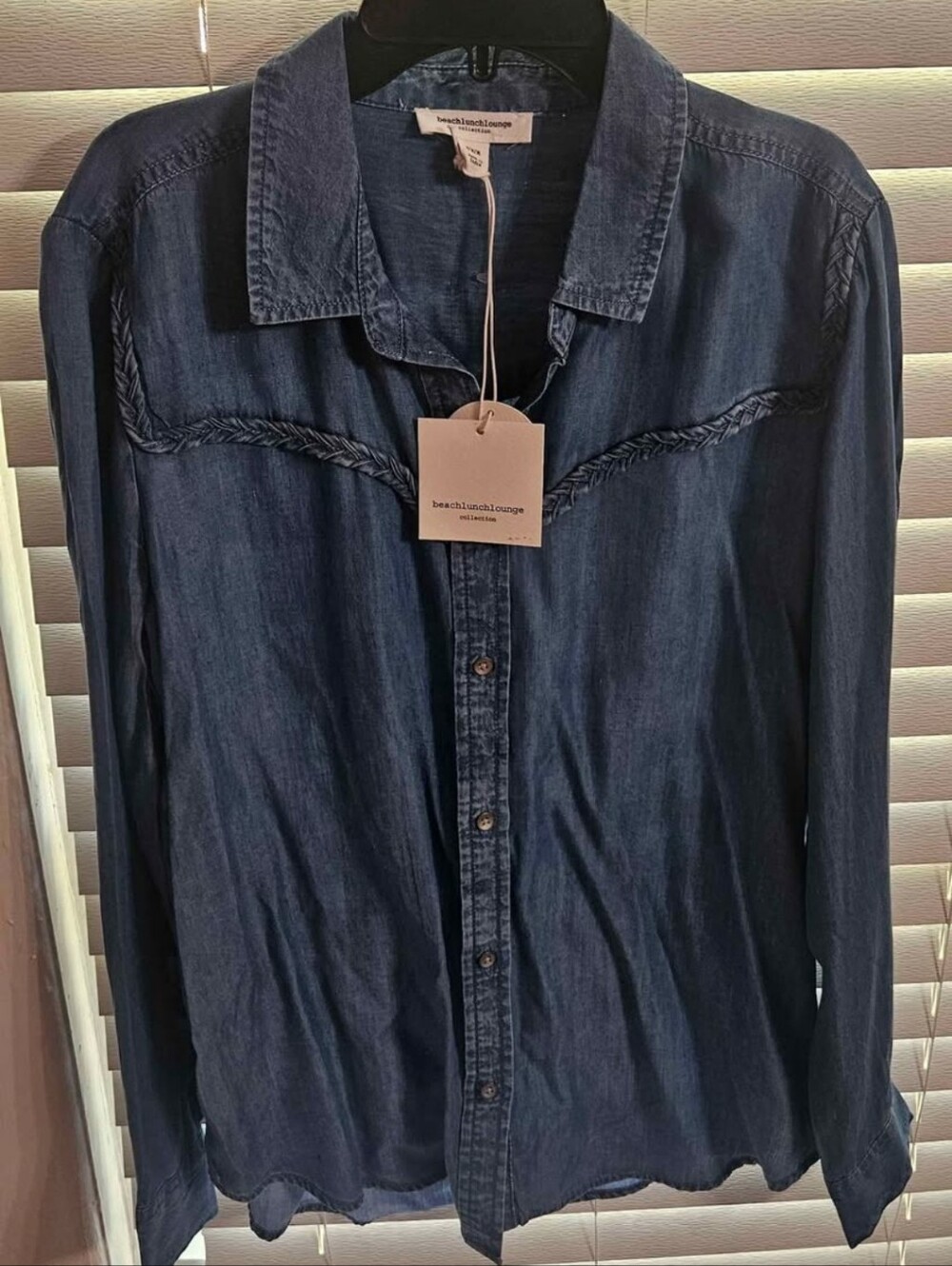 Beach Lunch Lounge Women's  Denim Button Front Shirt Braided Detail Medium BNWT